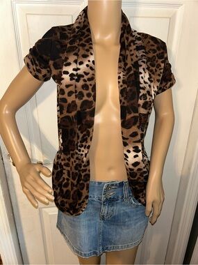 Y2K Leopard Print Open Front Short Sleeve Cardigan